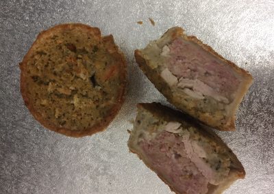 Huntsman pork pie (pork pie layered with roast turkey and sage & onion stuffing)